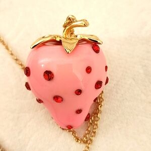 Betsey Johnson Pink Strawberry Statement Gold Chain Necklace NEW